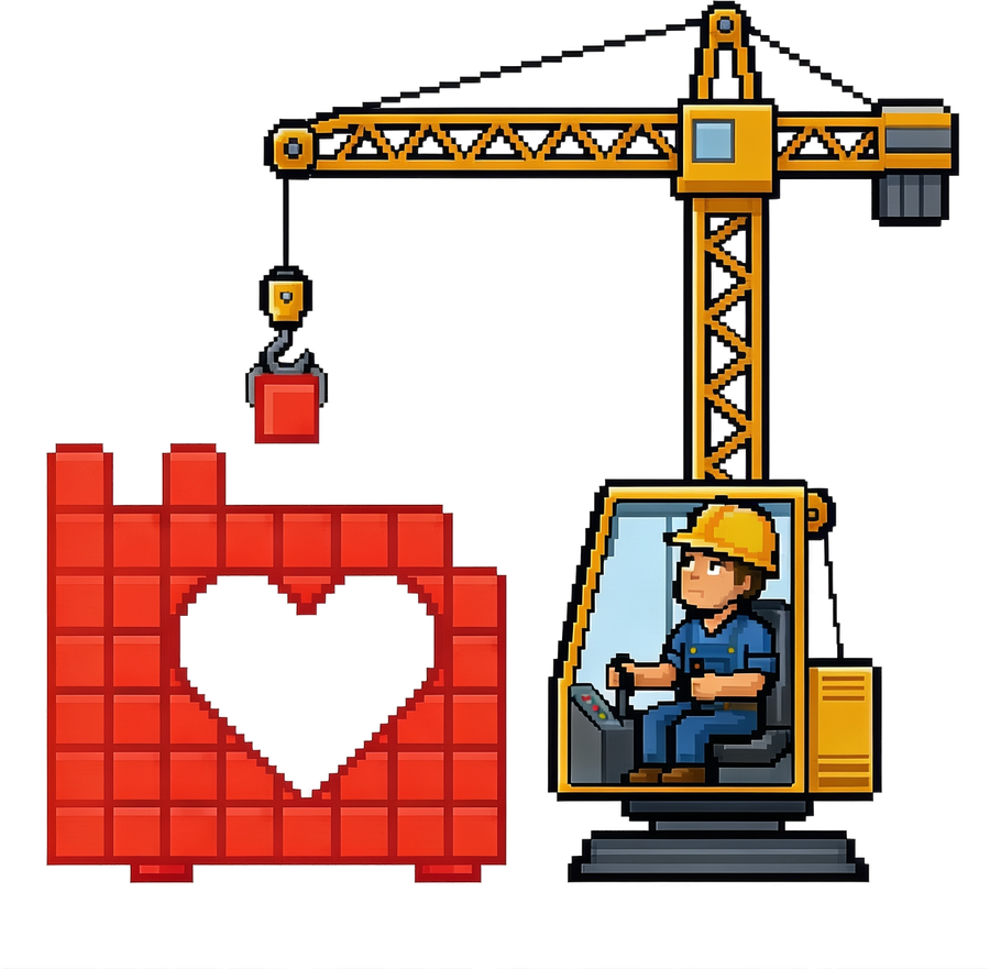 Pixel-Baustelle: Kranführer baut ein Herz aus Pixeln