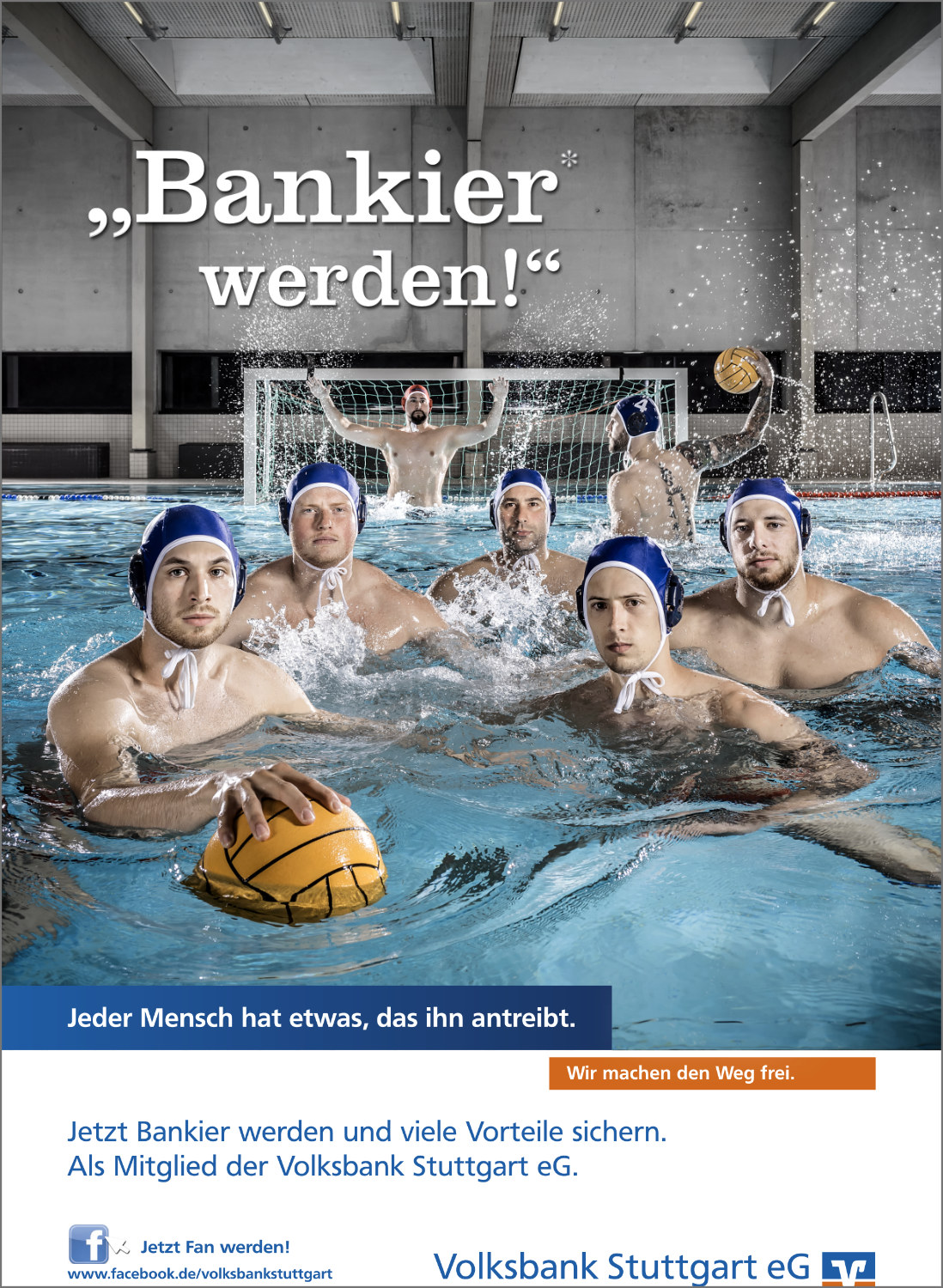 Imagefotografie Werbefotografie Kampagnenfotografie Volksbank Stuttgart eG Bankier Kampagne Bankier werden Wasserball Wasserballer MTV Stuttgart moderne Schwimmhalle Schwimmbad Wasser Dynamik