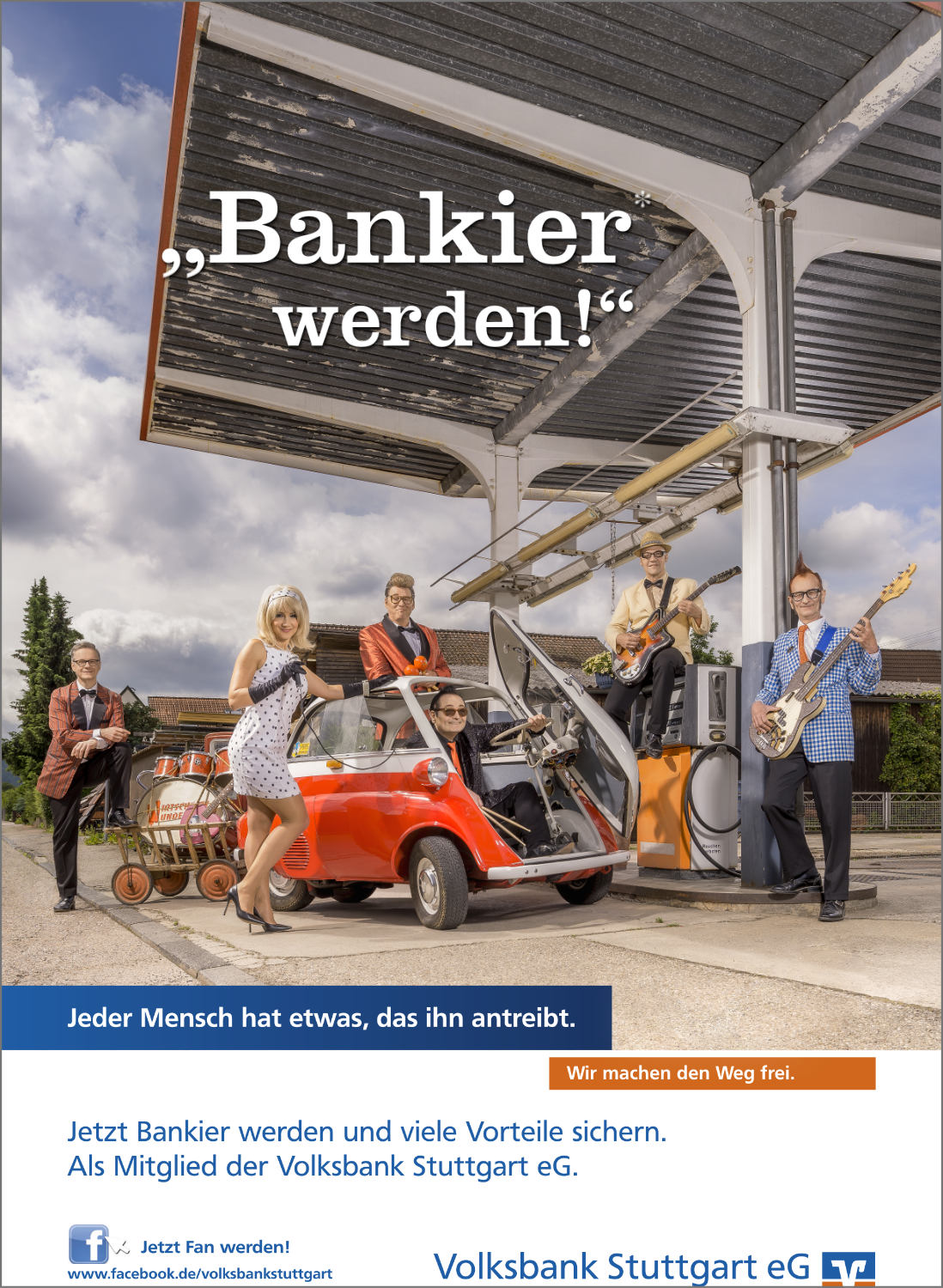 Imagefotografie Werbefotografie Kampagnenfotografie Volksbank Stuttgart eG Bankier Kampagne Bankier werden Tankstelle Band Musik Coverband 70er Wirtschaftswunder