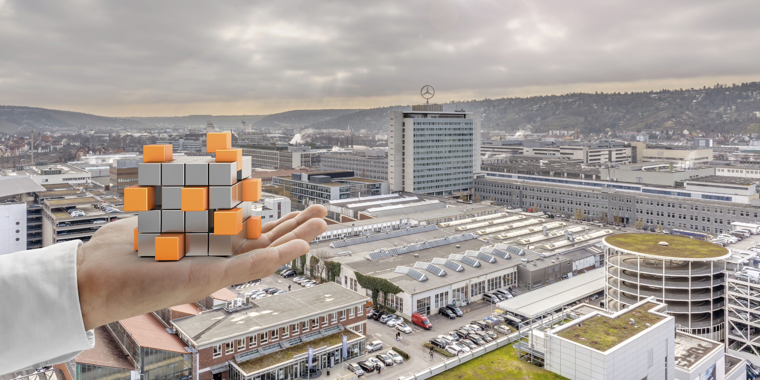 Kampagnen Fotografie Untertürkheim Stuttgart und Umgebung Daimler AG CGI Zauberwürfel gemischt mit realer Umgebung im Werk Untertürkheim