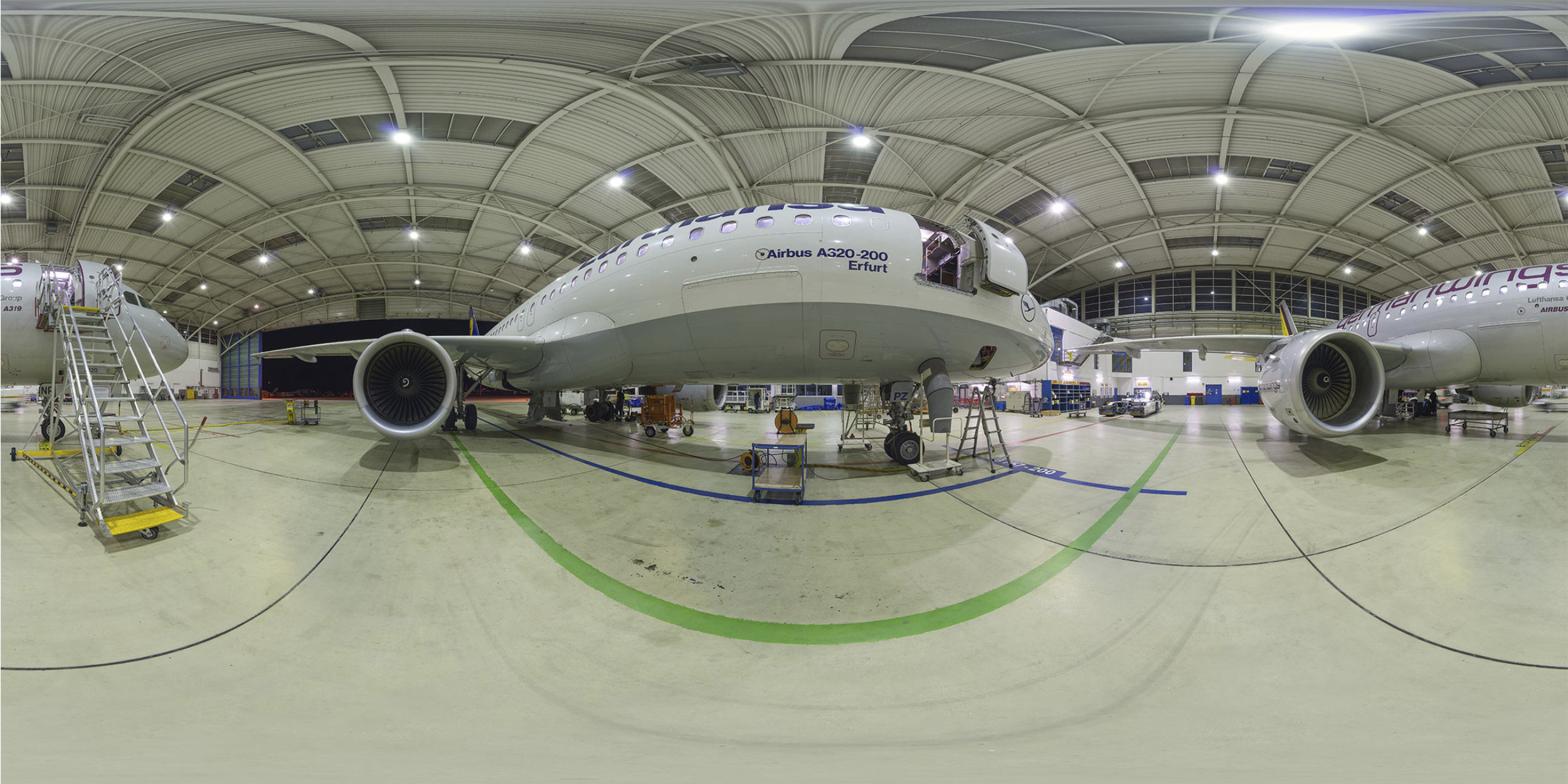 Panoramafotografie Virtuelle Touren 360Grad Fotografie Stuttgart und Umgebung Panorama 360°x180° Sphäre Flughafen Stuttgart LufthansaTechnik Airbus A320 Erfurt