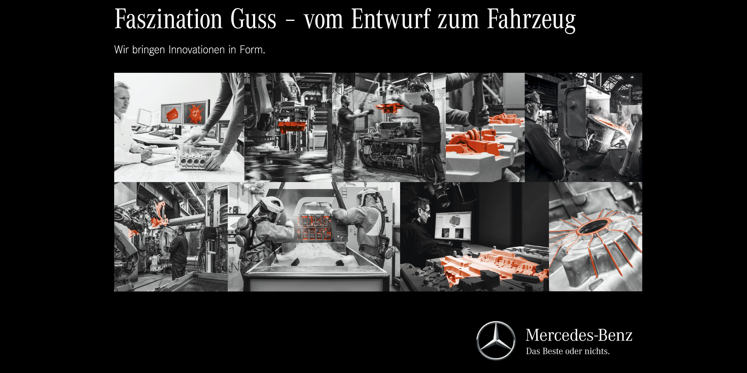 Industriefotografie Stuttgart und Umgebung Kampagnenflyer Mercedes Benz PTU-DT Schwarz Weiss Faszination Guss