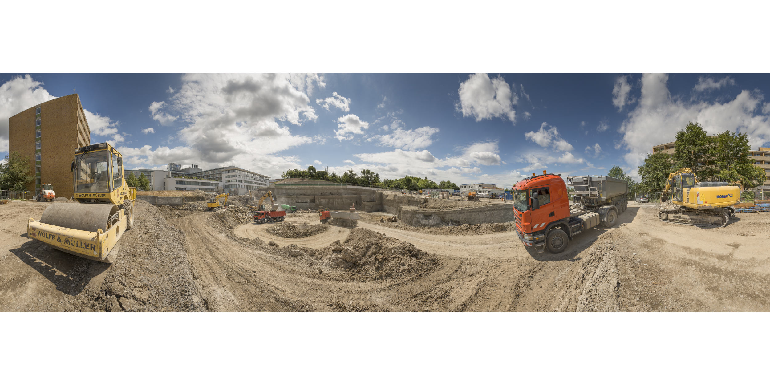 Panoramafotografie Virtuelle Touren 360Grad Fotografie Stuttgart und Umgebung Baustelle Wolff und Müller Robert Bosch Krankenhaus LKW Bagger Erdbewegung 180Grad